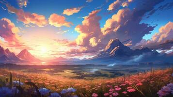 Beautiful landscape background. Cartoon summer sunset with clouds, mountain and lake. Anime style photo