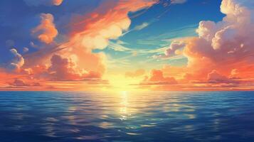 Beautiful landscape background. Cartoon summer sunset with clouds and lake. Anime style photo