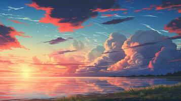 Beautiful landscape background. Cartoon summer sunset with clouds and lake. Anime style photo