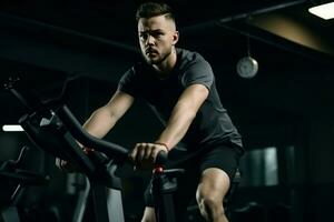 Man training fitness bike in gym. Generate Ai photo