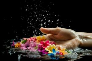 Hand sprinkled water flowers. Generate Ai photo