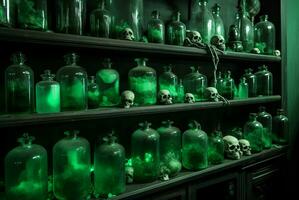 Green potions apothecary witch room. Generate Ai photo