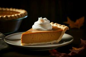 Pumpkin pie slice plate cooked food. Generate Ai photo