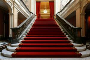 Marble stairs red carpet. Generate Ai photo