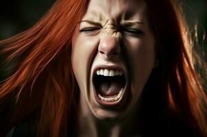 Red hair woman scream closeup portrait. Generate Ai photo