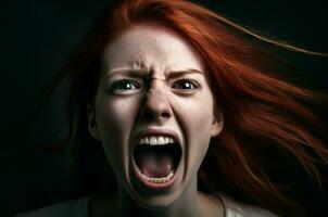 Red hair woman scream closeup. Generate Ai photo