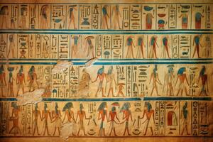 Ancient Egyptian hieroglyphic wall drawings. Generate ai photo