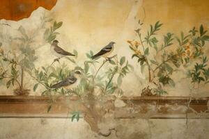 Ancient wall fresco masterpiece with birds on plants. Generate ai photo