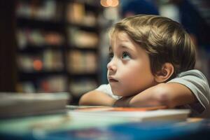 Curious little boy in book store. Generate ai photo