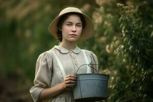 Girl with bucket farm. Generate Ai photo