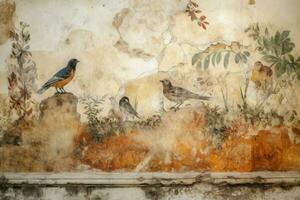 Ancient fresco painting with birds. Generate ai photo