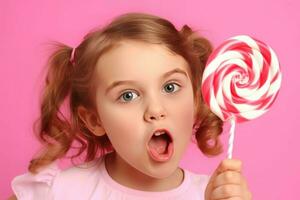 Cute excited girl holding lollipop dessert. Generate ai photo