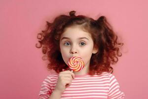 Cute curly girl licking lollipop on pink background. Generate ai photo