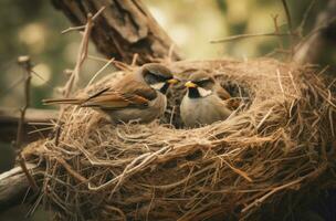 Birds couple sitting nest nature scene. Generate ai photo