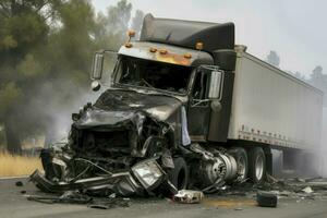 Devastating truck collision on road. Generate Ai photo