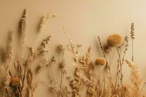 Beige minimalist background with wild dry flowers. Generate ai photo