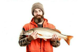 Fisherman caught fish photo portrait. Generate Ai