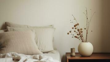 Generative AI, Relaxing bedroom detail of bed with natural linen textured bedding, muted neutral aesthetic colors photo