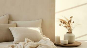 Generative AI, Relaxing bedroom detail of bed with natural linen textured bedding, muted neutral aesthetic colors photo