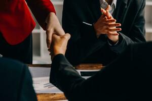 Business handshake for teamwork of business merger and acquisition,successful negotiate,hand shake,two businessman shake hand with partner to celebration partnership and business deal concept photo