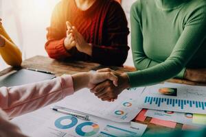 Business handshake for teamwork of business merger and acquisition,successful negotiate,hand shake,two businessman shake hand with partner to celebration partnership and business deal concept photo