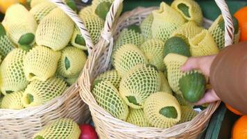 jong Dames hand- Holding avocado boodschappen doen Bij kleinhandel op te slaan video