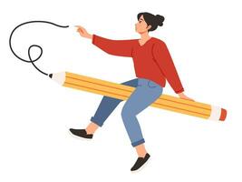 Student female sitting on a big pencil. Education concept. Flat vector illustration.