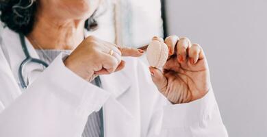 Female doctor holding virtual Lungs in hand. Handrawn human organ, copy space on right side, raw photo colors. Healthcare hospital service concept stock photo