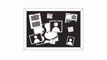 Evidence board with red strings bw 2D object animation. Crime accident investigation. Clues board outline cartoon 4K video, alpha channel. Pinboard animated element isolated on white background video