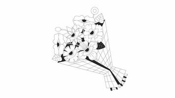 sensationnel fleurs bouquet avec clignotant yeux bw contour 2d animation. trippant Années 70 floral arrangement 4k vidéo mouvement graphique. psychédélique monochrome linéaire Animé dessin animé plat concept, blanc Contexte video