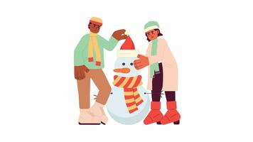 Snowman building Christmas tradition cartoon animation. Having fun winter clothes friends 4K video motion graphic. Play together outside 2D color animated characters isolated on white background