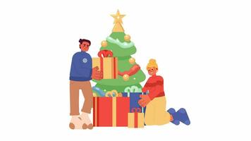 Expectation Christmas day cartoon animation. Wintertime fir new year tradition 4K video motion graphic. Happy couple wrapping xmas presents 2D color animated characters isolated on white background