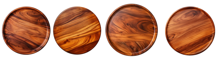 Set of top view circle wooden tray. Wood kitchen round board. Wooden plates mock up, top view, for product display. Isolated on transparent background. Generative AI png