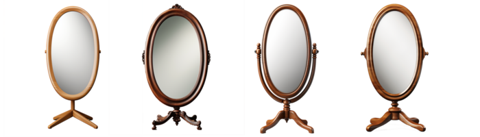 Set of mirror in wooden frame. oval standing mirror with vintage wooden frame. Isolated on transparent background. Generative AI png