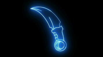 animación de un típico indonesio Karambit arma icono con un brillante neón efecto video