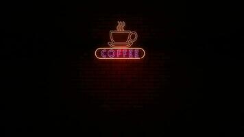 Animation of coffee neon light sign with symbol cup flickering at urban wall at night video