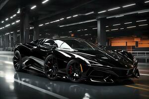 A sleek glossy black super car generated by Ai photo