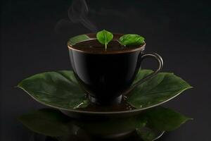 A cup of dark coffee with a single leaf of basi generated by Ai photo