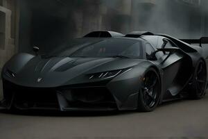 A sleek glossy black super car generated by Ai photo