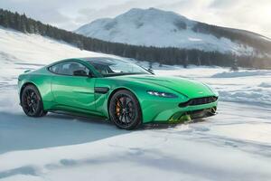 un aston martín ventaja verde en un hielo la carretera en montañoso areas generado por ai foto