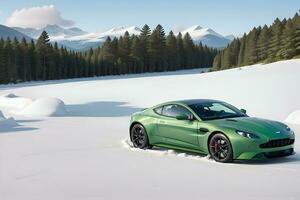 un aston martín ventaja verde en un hielo la carretera en montañoso areas generado por ai foto