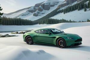 un aston martín ventaja verde en un hielo la carretera en montañoso areas generado por ai foto