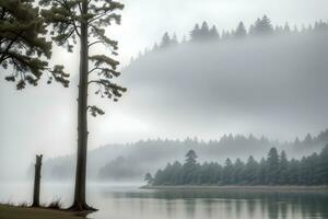 photo silhouettes of trees on the shore of the lake on a foggy day generated by Ai