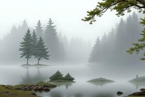 photo silhouettes of trees on the shore of the lake on a foggy day generated by Ai