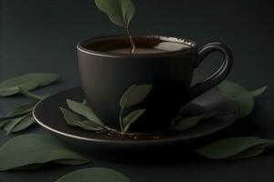 un taza de oscuro café con un soltero hoja de básico generado por ai foto