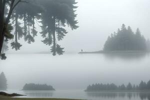 photo silhouettes of trees on the shore of the lake on a foggy day generated by Ai