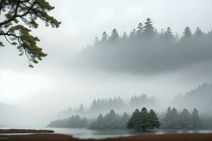 photo silhouettes of trees on the shore of the lake on a foggy day generated by Ai