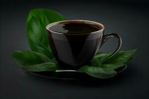 A cup of dark coffee with a single leaf of basi generated by Ai photo
