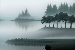 foto siluetas de arboles en el apuntalar de el lago en un brumoso día generado por ai