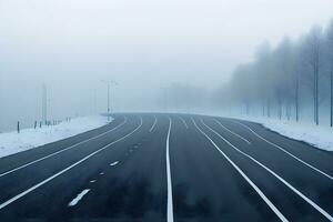 vacío ciudad la carretera cubierto en niebla, brumoso asfalto la carretera en un invierno Mañana generado por ai foto